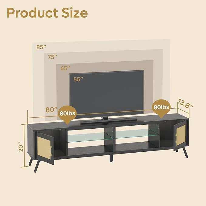 Bestier 80 Inch Black Rattan TV Stand with Storage for 85 Inch TV, 4-in-1 Mid Century Modern Entertainment Center with LED Lights, Doors and Adjustable Glass Shelves for Living Room