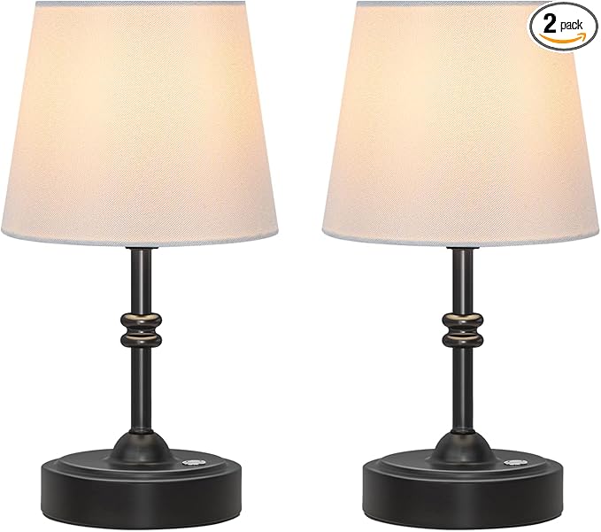 ONEWISH 2 Pack Small Cordless Lamp, Battery Operated Table lamp Dimmable, 4000mAh Rechargeable, Touch Bedside Lamp with White Fabric Shade, 2700K Bulb Included, for Dining, Patio, Bathroom(Black)