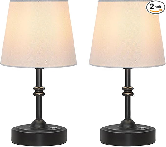 ONEWISH 2 Pack Small Cordless Lamp, Battery Operated Table lamp Dimmable, 4000mAh Rechargeable, Touch Bedside Lamp with White Fabric Shade, 2700K Bulb Included, for Dining, Patio, Bathroom(Black)