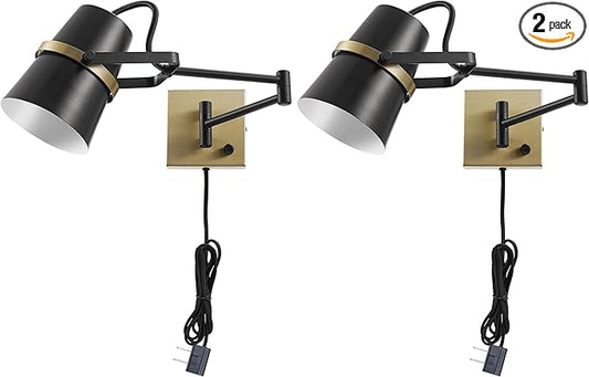 GLOBE Electric 51345 1-Light Plug-in or Hardwire Swing Arm Wall Sconce, Matte Black, Brass Accents, 6ft Black Woven Fabric Cord, Flat Plug, Rotary On/Off Switch, Wall Lighting, Bulb Not Included