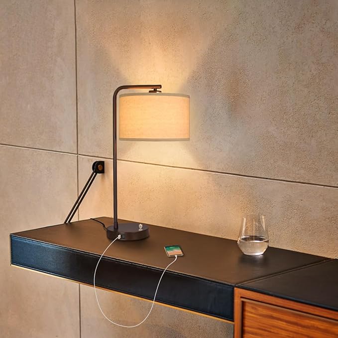 Tall Table Lamp with USB C+A Ports, Fully Stepless Dimmable Modern Minimalist Bedside Nightstand Lamp, Reading Desk Lamp for Bedroom, Living Room, Study Room, Office, 9W 3000K LED Bulb Included