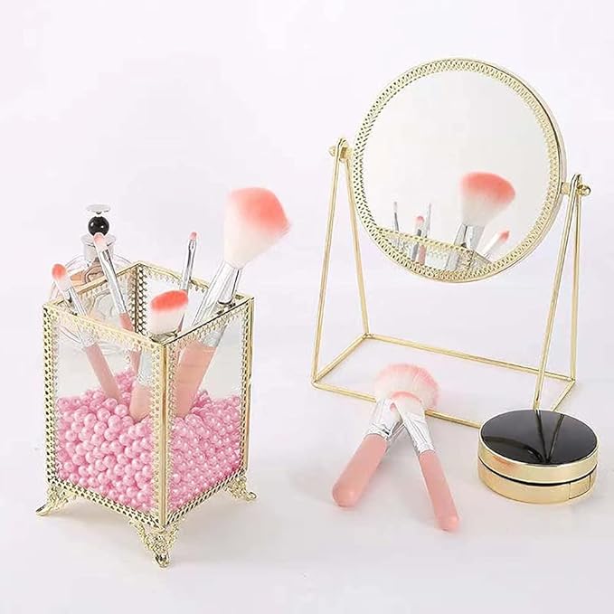 Makeup Brush Holder Vintage Glass Handmade Organizer with Pink Pearls for Nail Brush, Vanity, Bathroom, Dresser, Countertop - Gold
