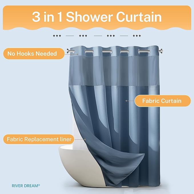 River Dream Blue Shower Curtain No Hooks Required Dotted Waffle Weave Shower Curtain with Snap in Liner - 71W x 74H,Hotel Grade,Spa Like Bath Curtain,Moonlight Blue