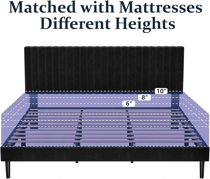 King Size Bed Frame, King Size Platform Bed Frame and Velvet Upholstered Headboard with Strong Wood Slats, Box Spring Optional, Mattress Foundation, Easy Assembly Black