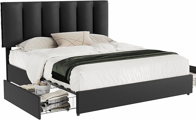 VECELO Full Size Bed Frame with 4 Storage Drawers, Adjustable Height Headboard, Heavy-Duty Platform Bedframe with Strong Wooden Slats, No Box Spring Needed, Black