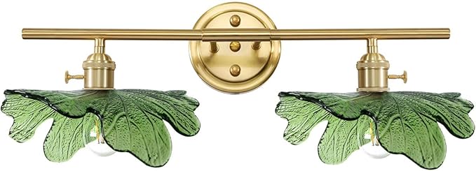 2 Light Bathroom Vanity Lights Over Mirror, Gold Wall sconces with Green Glass Shade Bathroom Sconce mid Century Wall Sconce Light Vintage Wall Lighting Fixture for Bedside Bedroom Doorway