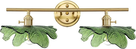 2 Light Bathroom Vanity Lights Over Mirror, Gold Wall sconces with Green Glass Shade Bathroom Sconce mid Century Wall Sconce Light Vintage Wall Lighting Fixture for Bedside Bedroom Doorway