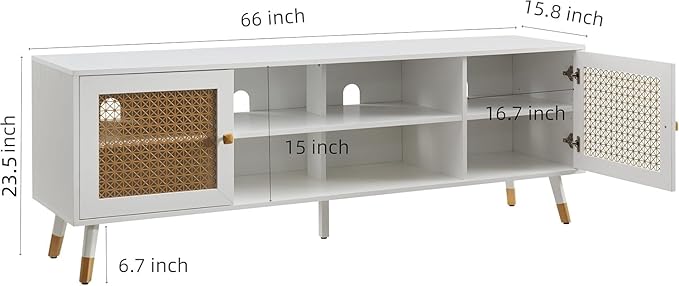 Mid Century Modern TV Stand for Living Room, TV Consoles for TVs Up to 75" - White Entertainment Center, 2 Gold Metal Mesh Doors & MDF Wood Grain, 15.8" D x 66" W x 23.5" H