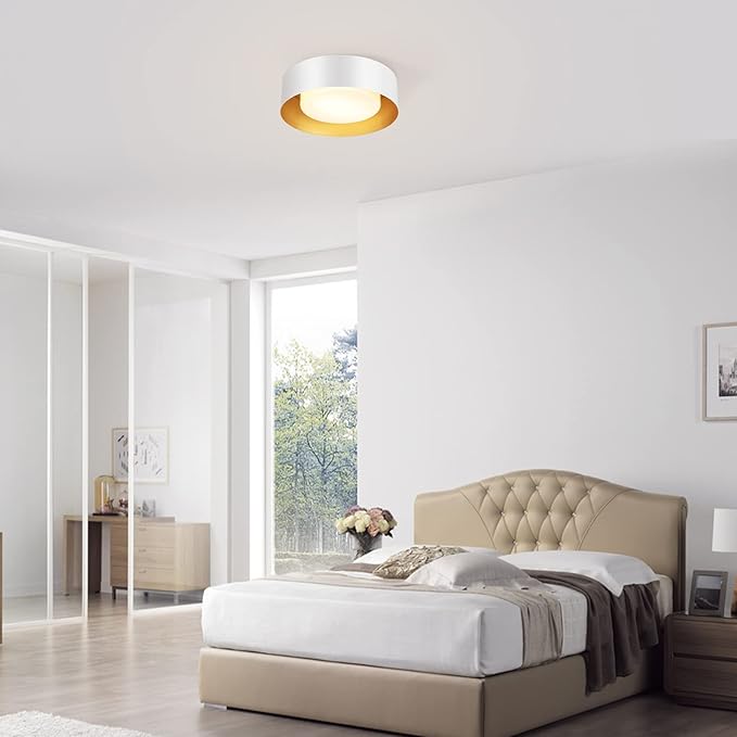 Modern White and Gold Flush Mount Ceiling Lights, Glass Round Ceiling Lighting, Minimalist Drum Close to Ceiling Light Fixtures for Bedroom, Dining Room, Bathroom, Hallways, Living Room