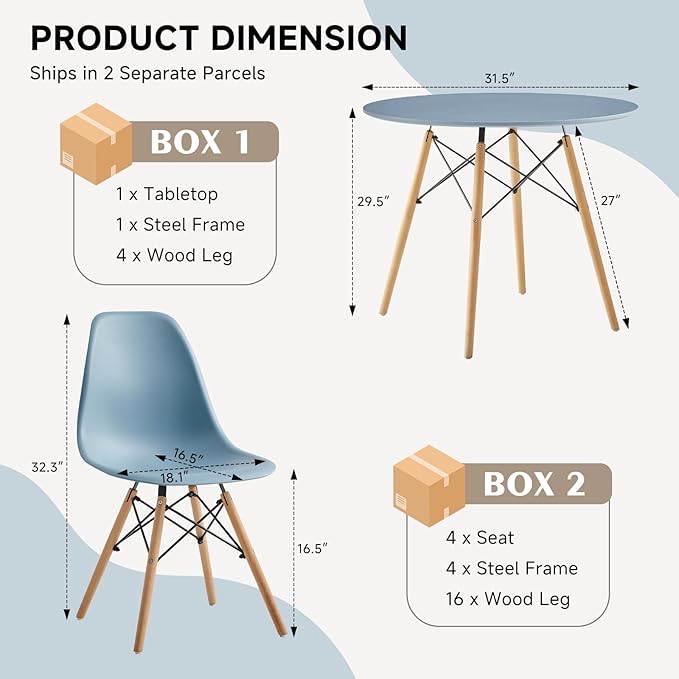 31.5'' 5 Piece Round Dining Table Set for 4, Mid-Century Modern Table with Chairs, Space Saving, Plastic Seats, Wood Legs, Circle Dinner Table for Kitchen, Home, Apartment, Blue