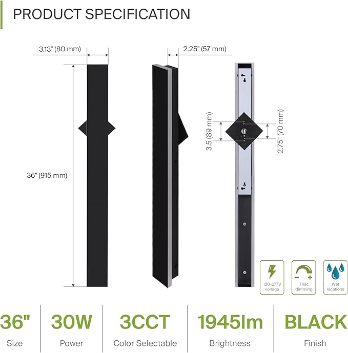 ASD LED 36" Long Wall Mount Light Fixture, Outdoor & Indoor Linear Sconce | 3CCT, Dimmable, Waterproof, Anti-Rust, ETL Listed | 30W 1900LM 3000-5000K 100-277V | Exterior Porch Lighting | Black, 2 Pack