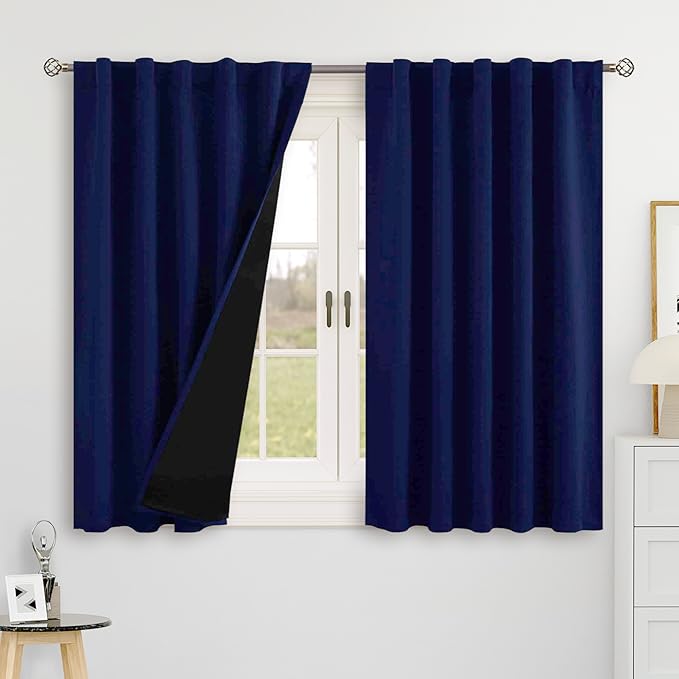 BGment Navy Blue 100% Blackout 48 Inch Curtains for Small Window, Rod Pocket and Back Tab Double Layer Black Out Thermal Insulated Room Darkening Curtain for Kitchen, 2 Panels, Each 42 x 48 Inch
