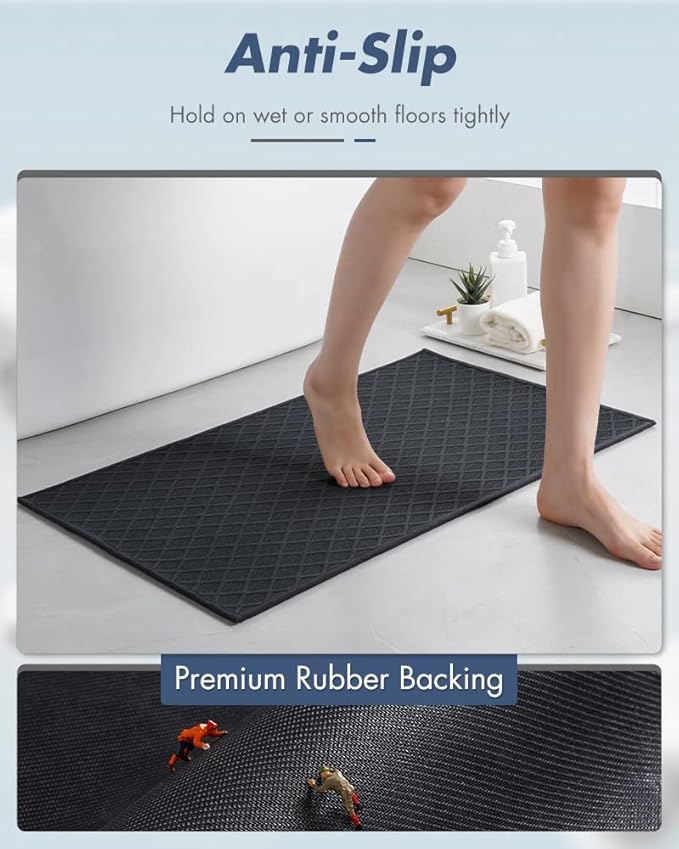 AMOAMI Ultra Thin Bathroom Rugs, Rubber Backed Bath Mats for Bathroom Non Slip, Absorbent Bathroom Mat for Floor, Shower, Sink (17"x28", Black)