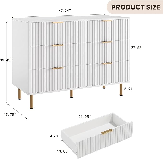 White 6 Drawer Dresser for Bedroom, Fluted 47.2" Wide Modern Chest of Drawers with Deep Drawers, Long Large Double Dresser TV Stand for Living Room, Hallway, Kids Room