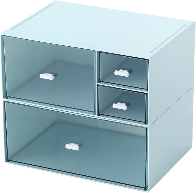 Desk Organizer with 4 Drawers, Makeup Organizer, Plastic Sundries Storage, Vanity Organizer, Cosmetic Storage Organizer, Desk Storage Box, Bathroom Counter or Dresser, Blue (CD-QBH-02)