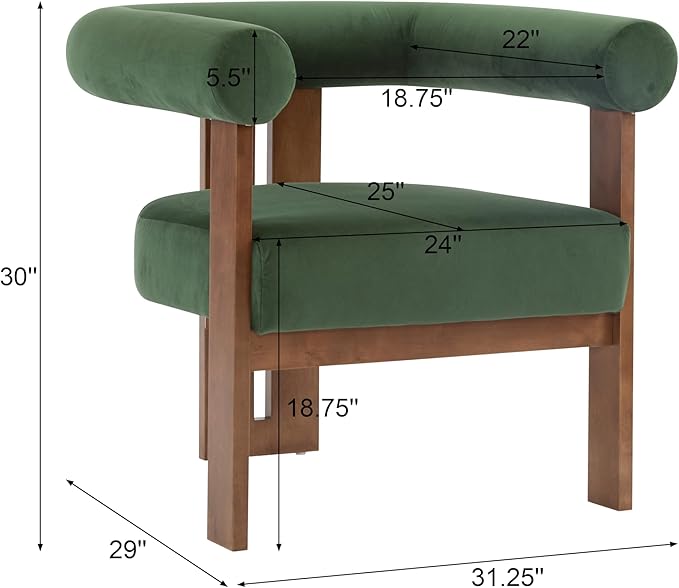 Christopher Knight Home Modern Velvet Upholstered Accent Chair for Living Room, Home Office, Apartment, Arm Chair with Curve Backrest and Birch Wood Legs, Three Legs Structure, Forest Green and Brown