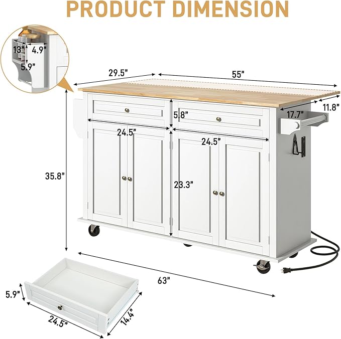63" Movable Kitchen Island with Drop Leaf and Power Outlet, Rolling Island Cart w/Storage Cabinet, Island Table on Wheels for Kitchen w/2 Drawers, Spice Rack, Towel Bar, Garage Hook, White