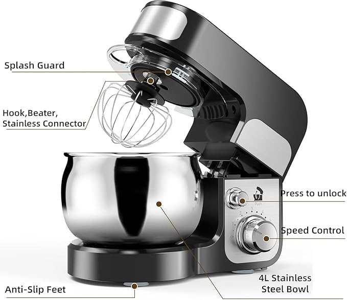 Stand Mixer, 4-QT 700W 6-Speeds Electric Food Mixer with Pouring Shield, Stainless Steel Mixing Bowl, Dough Hooks & Mixer Beaters for Dressings, Frosting, Meringues & More (DZ1)