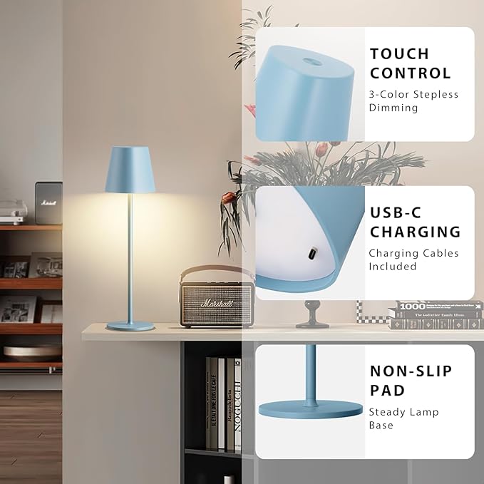 Kakanuo Cordless Table Lamps Pack of 4, Portable LED Desk Lamp, Battery Operated Lamp, Wireless Rechargeable Lamp, 3 Color Stepless Table Lamp for Restaurant, Bar, Party, Camping and Bedroom - Blue