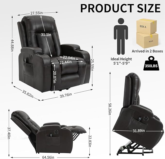 PELUMY Power Lift Recliner Chair for Elderly with Massage & Heat - Heavy Duty Electric Lift Chair, Oversized Recliner, Lay Flat, 8-Point Vibration, Lumbar Heating, USB Port, Cup Holders (Brown)