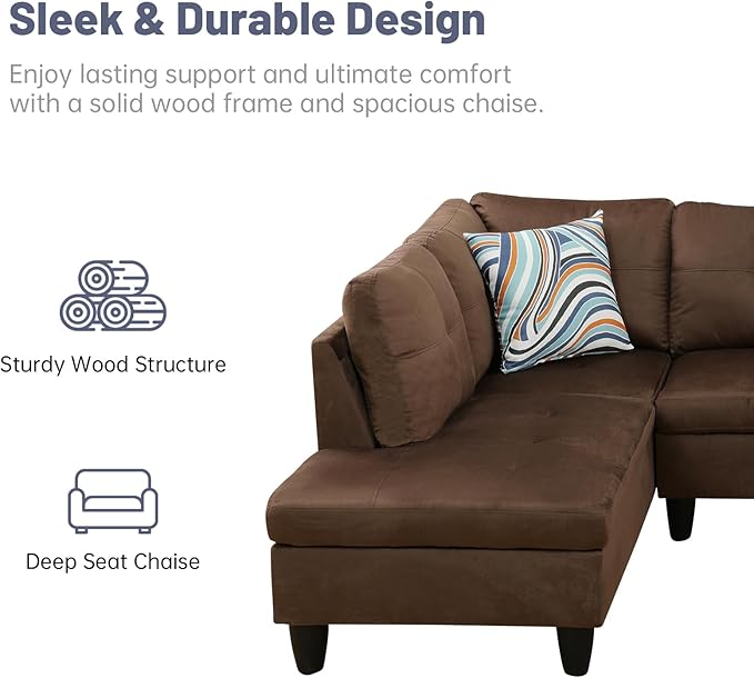 L-Shape 3-Piece Cloud Sofa, Couch for Living Room, Chocolate Flannel Fabric L-Shape with Reversible Chaise & Storage Ottoman, Ergonomic 110–115° Recline, Solid-Wood Frame