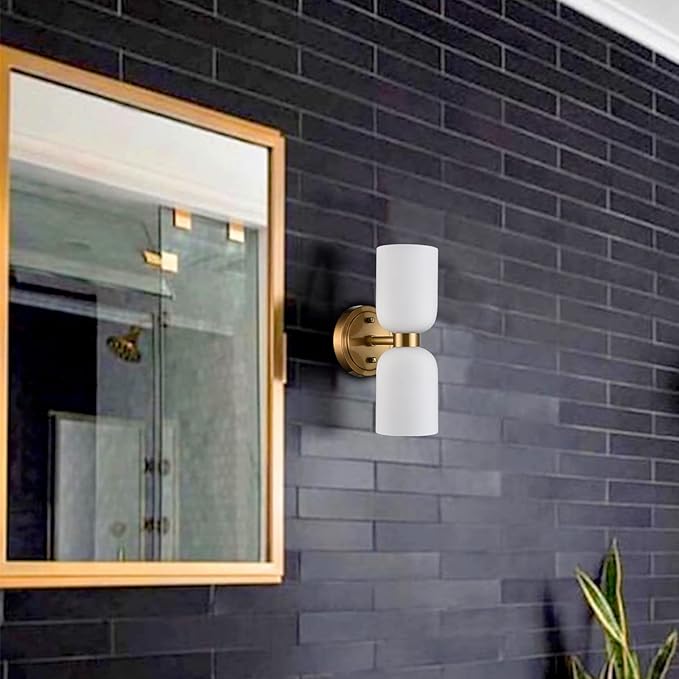CLAXY Modern Gold Bathroom Vanity Milky Glass Wall Sconce Bathroom Light Fixtures with 2-Light Dimmable
