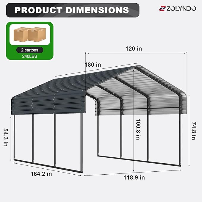 10x15FT Metal Carport Kits, Heavy Duty Car Port on Clearance with Galvanized Metal Roof, Outdoor Garage Car Shelter Shade for Car, Boats and Truck (Dark Gray)