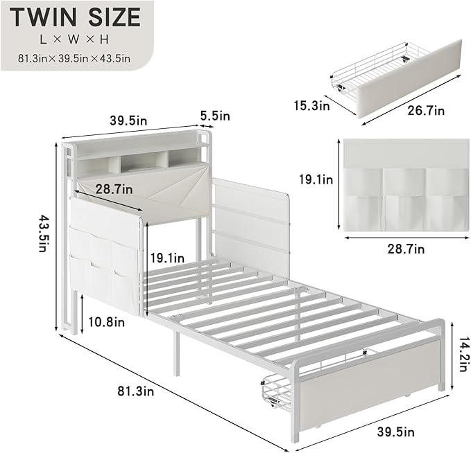 Maupvit Twin Bed Frame with Storage Headboard and Drawer,Upholstered Platform Bed Frame with LED Lights & Charging Station,Twin Size Bed with Guardrail,No Box Spring Needed,Beige