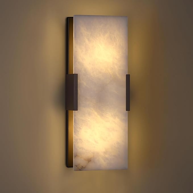 2 Light Natural Square Alabaster Marble Bathroom 15 Inch Wall Sconce Modern Concise Style Wall Light Fixtures,Oil Rubbed Bronze Finish for Bedroom Hallway Bedside Living Room