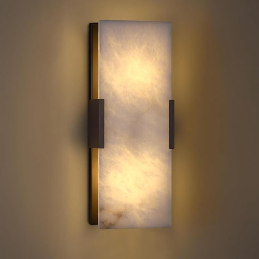 2 Light Natural Square Alabaster Marble Bathroom 15 Inch Wall Sconce Modern Concise Style Wall Light Fixtures,Oil Rubbed Bronze Finish for Bedroom Hallway Bedside Living Room