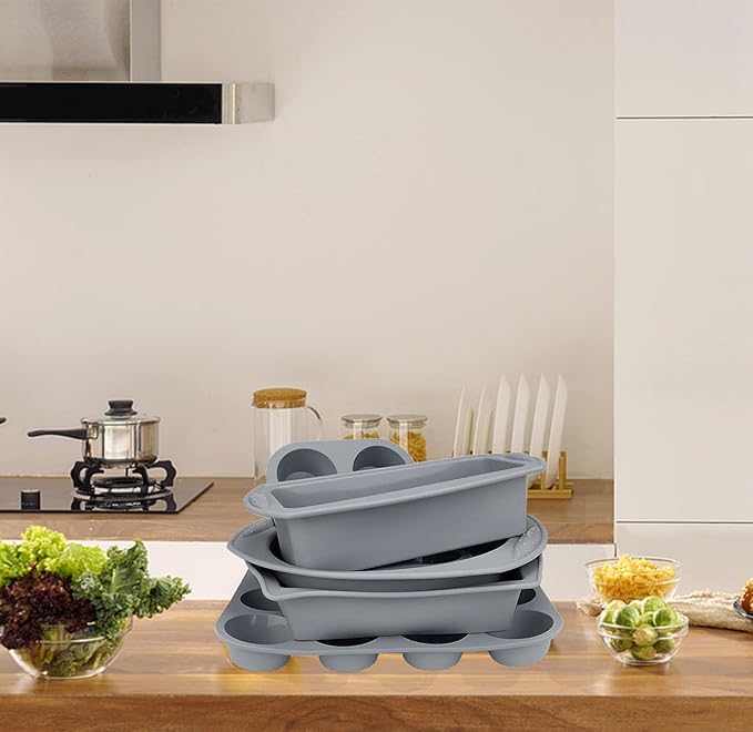 7in1 Silicone Bakeware Baking Set, Kitchen Bake Pans Molds Tray for Oven with BPA Free Round/Square Cake Pan, Loaf Pan, Muffin Pan for Bread Pizza Cheesecake Cupcake Pie Desserts