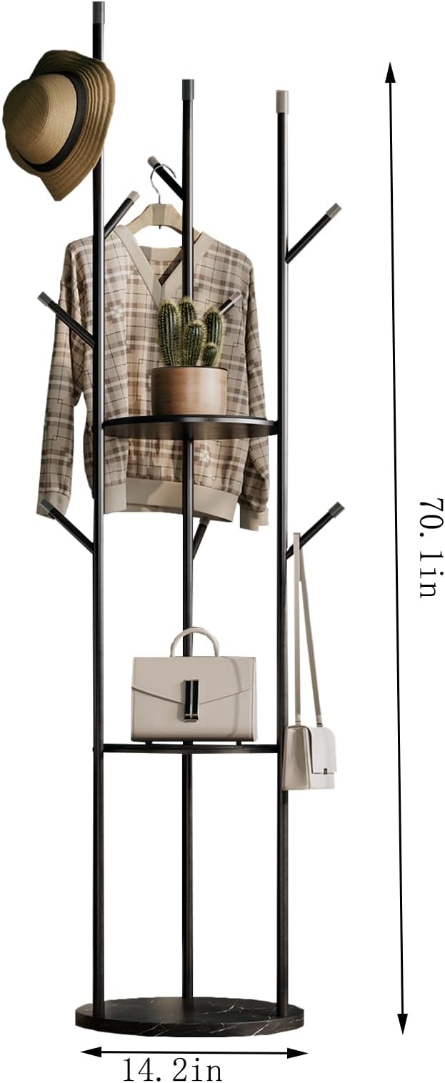 metal Coat Rack whit Marble base,heavy duty coat hanger Stand, Freestanding Coat Racks with 3 Shelves and 9 Hooks,Coat Tree for Entryway, Bedroom, Coats, Bags,purse,Sturdy and Easy to Assemble