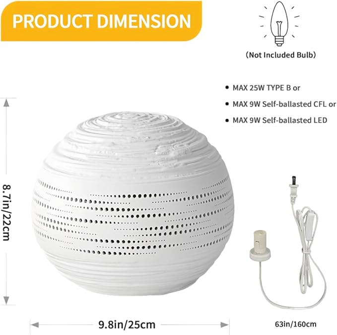 RONDURE 8.7" Modern Ceramic Table Lamp, Modern Bedside Lamps for Bedroom, Living Room and Nightstand, White Translucent Ceramic Shade, Warm Ambient Lighting, Home Decor