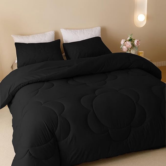 Luxlovery Black Sunflower Comforter Set Queen All Black Bedding Set Queen Size Big Flower Botanical Bohemian Farmhouse Comforter Set Women Men