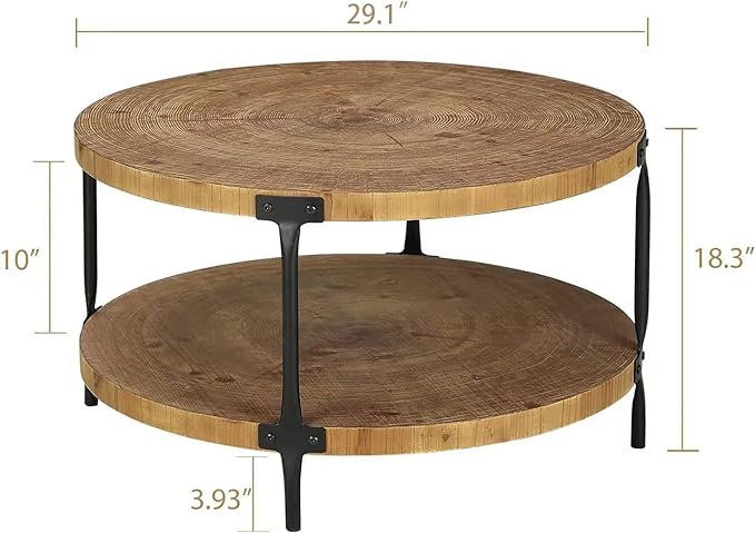 Round Boho Wood Coffee Table - 29.1" Farmhouse Natural Circle Wooden 2-Tier Coffee Tables Living Room Furniture, 29.1" D x 18.3" H, Natural Wood Color