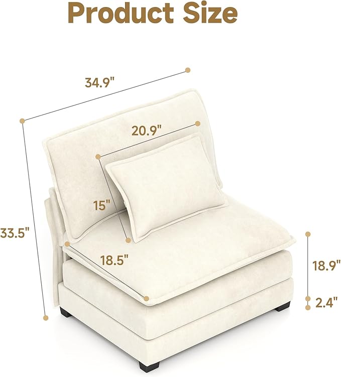 Real Relax 34.9'' Modular Sectional Sofa, Single Seat Without Armrest Chenille Convertible Couch with 2 Pillows for Living Room, Office and Leisure Places, Beige