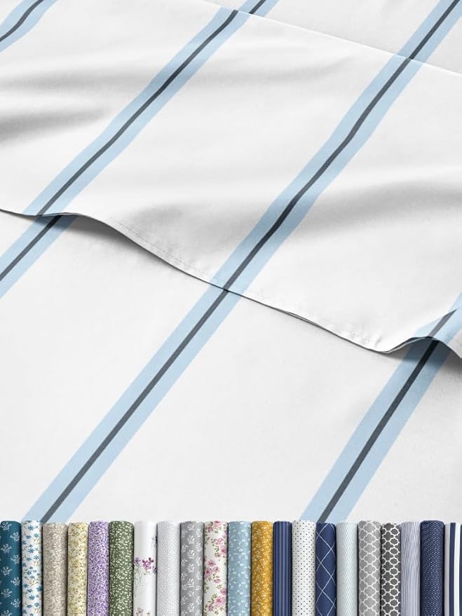 Striped Sheets - Blue & White Striped Sheets - 1 Flat & 1 Fitted & 2 Pillowcases w/ Deep Pockets – Wrinkle & Fade Free- Ultra-Soft, Breathable & Cooling - Full Size Bed Set – Luxury Pinstripe Bed Set