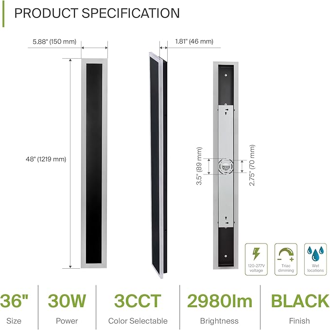 ASD LED 48" Long Wall Mount Light Fixture, Outdoor & Indoor Linear Sconce | 3CCT, Dimmable, Waterproof, Anti-Rust, ETL Listed | 36W 2980LM 3000-5000K 100-277V | Exterior Porch Lighting | Black