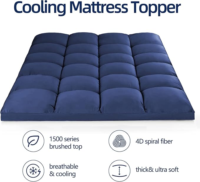 Mattress Topper Twin for Back Pain, Extra Thick Mattress Pad Cover, Plush Pillow Top, Deep Elastic Pocket, Navy