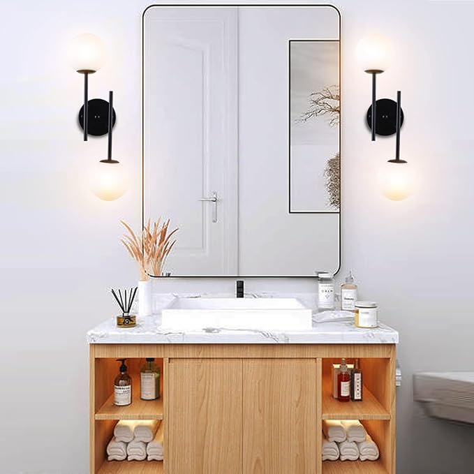 Black Globe Wall Sconces, 2-Light Modern Matte Black Vanity Lights with White Globe Glass Shade, Industrial Farmhouse Wall Lamp for Bedroom, Living Room, Kitchen, Bathroom