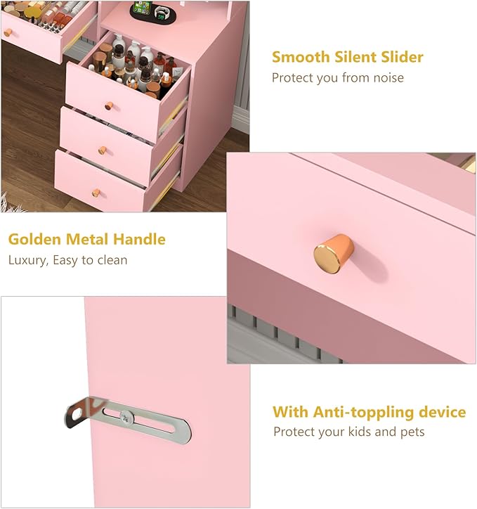 62" Large Pink Vanitys Desk w/ Tempered Glass Top,60000-color LED Lights,Power Outlet, Make up Vanity w/ 3 Lights Mode LED Mirror,9 Drawers,2 RGB Cabinet LED Vanity Table for Women,Girls