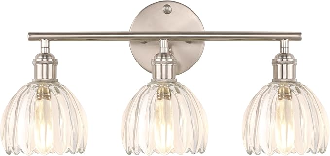 Bathroom Light Fixtures, 3-Light Vanity Wall Light Over Mirror with Clear Tulip Glass Shade for Bedroom Living Room, Satin Nickel