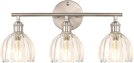 Bathroom Light Fixtures, 3-Light Vanity Wall Light Over Mirror with Clear Tulip Glass Shade for Bedroom Living Room, Satin Nickel