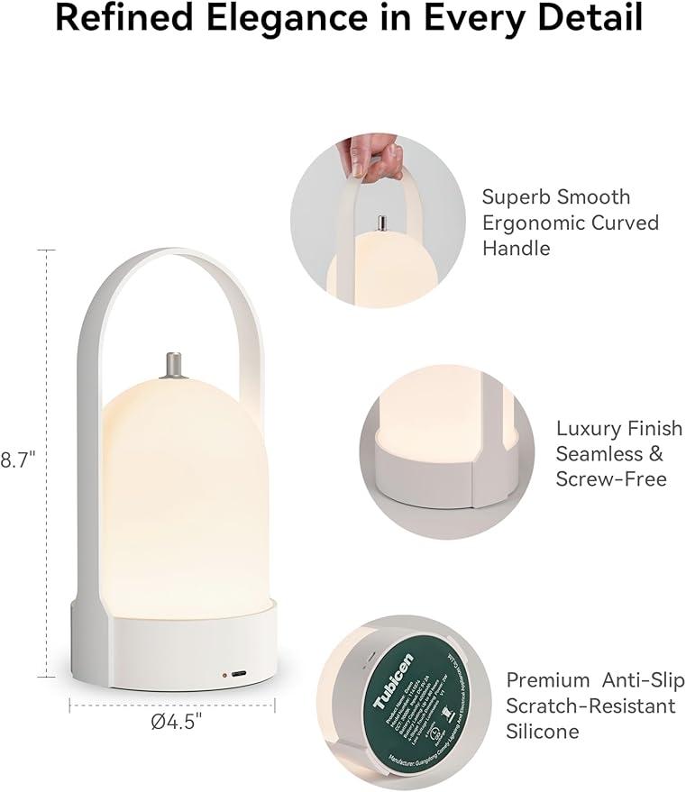 Tubicen Portable Lamp, Battery Operated Rechargeable Cordless Table Lamps 4-Level Touch Dimmable Desk Outdoor Lamp, Night Light for Camping Lantern Home Bedroom Dinning Room Balcony Patio