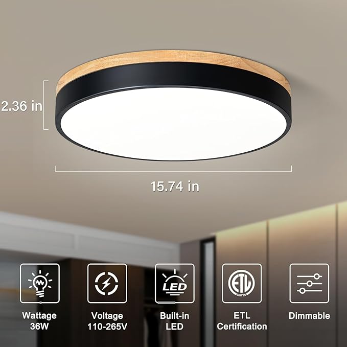 Dimmable Wood LED Ceiling Light, 5CCT 2700K-6000K Modern Black Flush Mount Ceiling Light, Minimalist Round Close to Ceiling Light Fixture for Living Room, Bedroom, Kitchen, 15.74in