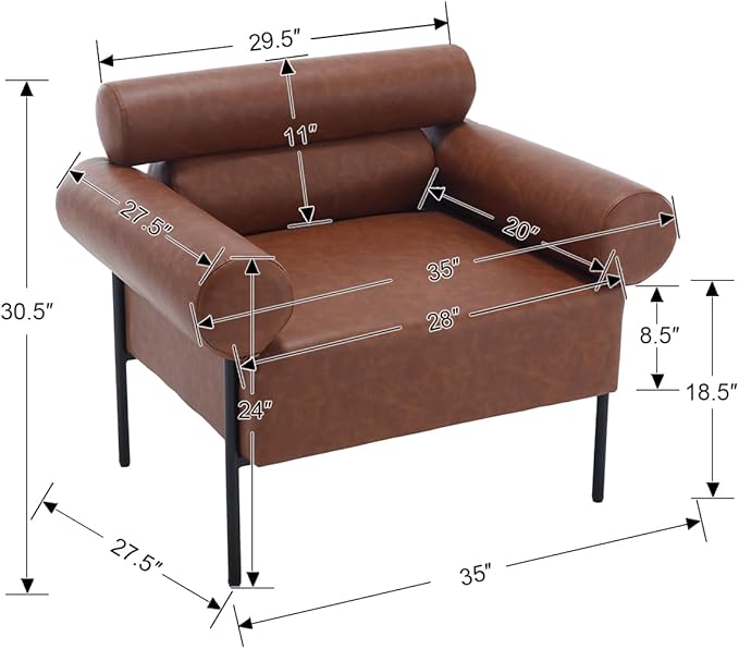 Modern Accent Chair, Single Sofa Accent Chair for Living Room, Upholstered Leather Mid-Century Modern Armchair, Oversized Reading Chair with Channel Tufted for Bedroom, Office, Brown