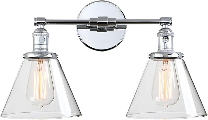 Phansthy 2-Light Wall Sconce Industrial Dual-Light Wall Light with Dual 7.3 Inch Cone Glass Lampshade(Chrome)