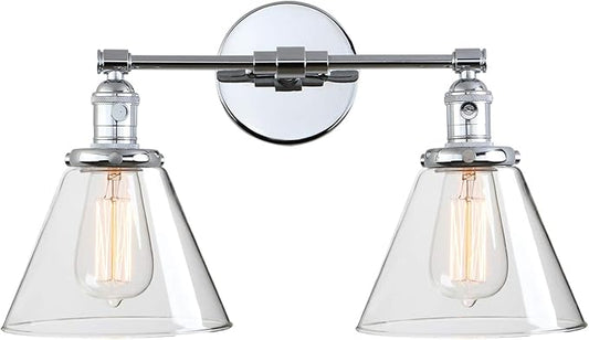 Phansthy 2-Light Wall Sconce Industrial Dual-Light Wall Light with Dual 7.3 Inch Cone Glass Lampshade(Chrome)