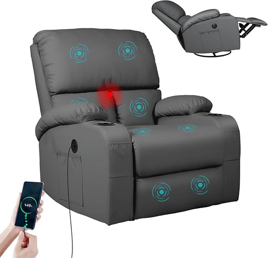 Rocking Recliner Chair, Massage Rocker Recliner Chair with Vibration Massage and Heat, USB and Type-C Ports,360° Swivel Faux Leather Chairs, Living Room, Bedroom, Nursery, RV, Dark Grey
