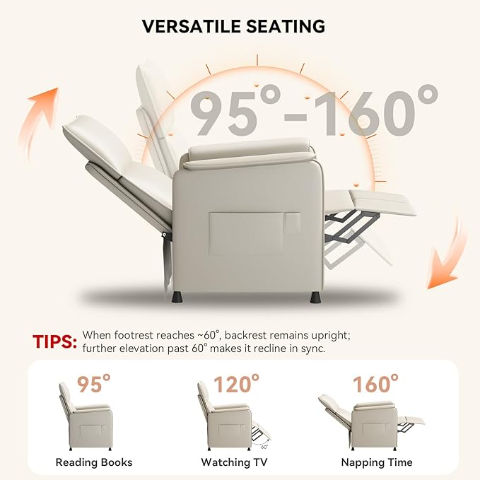 Recliner Chair，Electric Adjustable PU Leather Recliner with Remote Control and Padded Backrest,Recliner Single Sofa Seat with Thick Seat Cushion for Living Room Bedroom Home Theater (Beige)